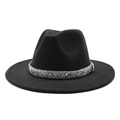 Close-up of black felt fedora hat with a sparkling silver rhinestone decorative band - Black