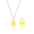 Golden stainless steel oval necklace featuring August Gladiola flower engraving - August (Gladiolus)