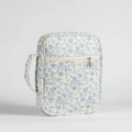 Quilted floral book sleeve case in beige and blue with a zipper closure and side handle - White Base Blue Orchid