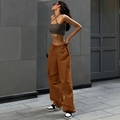 Women casual loose drawstring cargo pants in earthy orange brown with wide leg fit - S / Tan