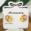 Golden heart stud earrings with multi-color zircon stones and product dimensions on card - Hollow Heart Style