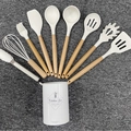 11-piece white silicone kitchen utensil set with wooden handles and storage bucket - Small Bucket Compact Style / Cream