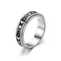 Detail view of rotating stainless steel ring with black celestial sun moon star pattern - US 6 / Sun Moon Star