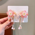 Pink cherry blossom hair clip with tassels and pearls for Hanfu traditional style - Pink Glass Flower Clips