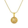 Golden round hammered pendant necklace with white letter N on a sleek snake chain - Gold-Letter N (Snake Chain)