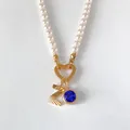 Élégant collier de perles avec lettre Z plaquée or 14K et pendentif en pierre bleue - Lettre Z