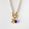 Elegant pearl necklace featuring a 14K gold-plated Z letter and a blue stone pendant - Letter Z