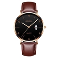 Classic Geneva men's quartz watch with black dial and brown leather strap variant - Black Dial Rose Gold Case Brown Leather Strap
