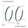 Silver stainless steel C-shaped hoop earrings featuring inlaid green zircon stones - Style B-21mm / Silver Color Green Zirconia