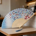 Blue gradient folding fan with pink floral pattern, wooden ribs and blue silk tassel - Style 60 (New Style)