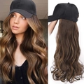 Detail view of baseball cap wig with long wavy dark brown highlighted synthetic hair extensions - Dark Brown Mix