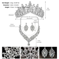 Detailed dimensions of bridal tiara necklace and earrings set with crystal rhinestones - Silver SET-J046S