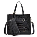 Elegante set di borse nere con motivo a coccodrillo per donna e portafoglio abbinato - Nero