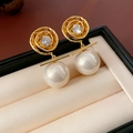 Detailed view of French vintage pearl earrings with zircon and gold spiral design - Spiral Pattern Artificial Pearl Bar Style (34#)