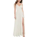 Élégante robe de soirée blanche longue avec col en V, fines bretelles et fente haute - US 14 / Haut Et Bas / Blanc