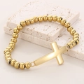Bracelet à perles dorées minimaliste avec breloque croix polie sur décor en pierre - Croix Polie Or (KB56184-Z)