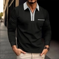 Men's casual long sleeve polo shirt in black and white contrast with zipper pocket - Black Spliced Gray