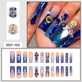 Detailed view of long square gradient blue press-on nails with luxury rhinestones and glitter - Dark Blue and Nude Pink Gradient 3D Rhinestone Style (SGCY-406)