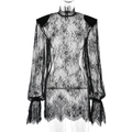 Elegant black lace perspective dress with lantern sleeves and a sophisticated high collar - S / Black
