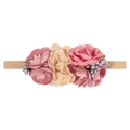 Soft nylon baby headband featuring floral fabric petals in dusty pink and pale yellow - Style 19 (19)