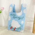 Blue knit tote bag with white polka dots and cute duck pattern with Hello Spring text - Light Blue Duck Playing Water Bag