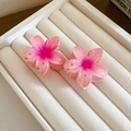 Detailed macro of two pink gradient flower hair claws on a beige velvet jewelry tray - 93# Mini Hair Claws-Pink Flower (Pair)