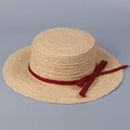 Detailed top view of a flat top raffia sun hat with a deep red bow and woven texture - M(56-58cm) / Burgundy