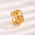 Vintage vergulde open ring met uitgeholde rozenpatronen en gekleurde edelstenen - Roos Holle Ring