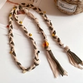 Boho woven waist chain in beige and olive green with amber beads and silver accents - 24# Waist Chain / White