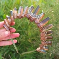 Detail of handcrafted Wicca crown with natural smoky crystal points and silver crescent moon - Tea Color + White K Moon