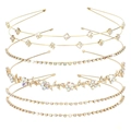 Detailed set of 5 minimalist gold bridal headbands with shimmering rhinestones and pearls - AB Rhinestone Gold 4-Piece Set Style 5#