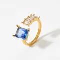Adjustable golden stainless steel ring featuring square blue stone and white crystals - Gold + Blue Zircon (KBJ462)