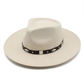 Close-up of beige wool fedora with a black leather studded band and silver rivets - M (56-58cm) / Off White