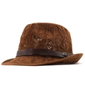 Chapeau de paille marron tressé à la main avec texture ajourée et ruban en cuir chic - M (56-58cm) / Caramel