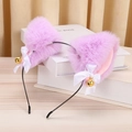 Plush purple cat ear headband with white silk bows and golden bells for cosplay - Purple