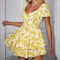 White floral corset dress with tiered mini skirt and sweetheart neckline in yellow print - XS / Yellow