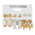 6-pair set of vintage gold earrings with pearls and geometric studs on a white card - 6 Pairs Set / Gold White