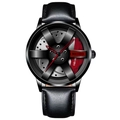 Car rim quartz watch with black leather strap and red brake caliper wheel hub dial - Leather Strap / Red