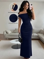Deep blue off-shoulder maxi dress with metal accessory and double-layer folding design - S / Navy Blue