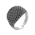 Macro detail of pave set black round gemstones on an adjustable silver metal wide ring band - Adjustable Open / Platinum-Black Zirconia