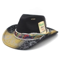 Western black felt cowboy hat with gold floral brim, feathers and ethnic band details - M (56-58cm) / Gold and Black Floral Totem Print (Black 2) / Black 2