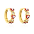 Detailed macro view of gold-plated evil eye hoop earrings with red heart enamel and zircons - Heart Evil Eye / Gold with Red Heart