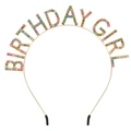 Detail of golden metal Birthday Girl headband with colorful rhinestones and rubber tips - Headband Only / Gold Multicolor Rhinestone