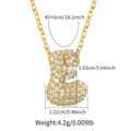 Detail of gold letter E pendant with dimensions 1.63cm by 1.22cm and chain specs - Letter E Style (KN0422-E)