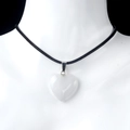 Polished white semi-transparent crystal heart pendant necklace with black cord - White Jade