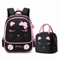 Schwarzes gestepptes Schulrucksack-Set mit süßem Katzengesicht und rosa Details für Mädchen - 2-teiliges Set (Rucksack + Lunchbox) / L Schwarz