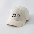 Close-up of cream white baseball cap with Angel embroidery and distressed brim details - 48cm (6 Months-2 Years) / Beige