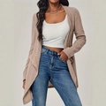 Close-up of ribbed knit texture on long-sleeved clay-colored cardigan for women - S / Khaki