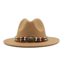 Close-up of khaki wool fedora hat with ethnic double-beaded band and bronze buckle - Khaki