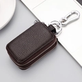 Deep brown double-layer leather key case with lychee texture and silver metal hook - Without Window / Coffee